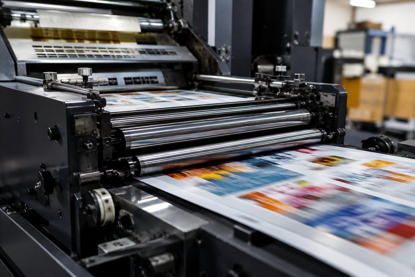 Multi-colour offset printing press running a commercial job at Printwell Offset, Surat