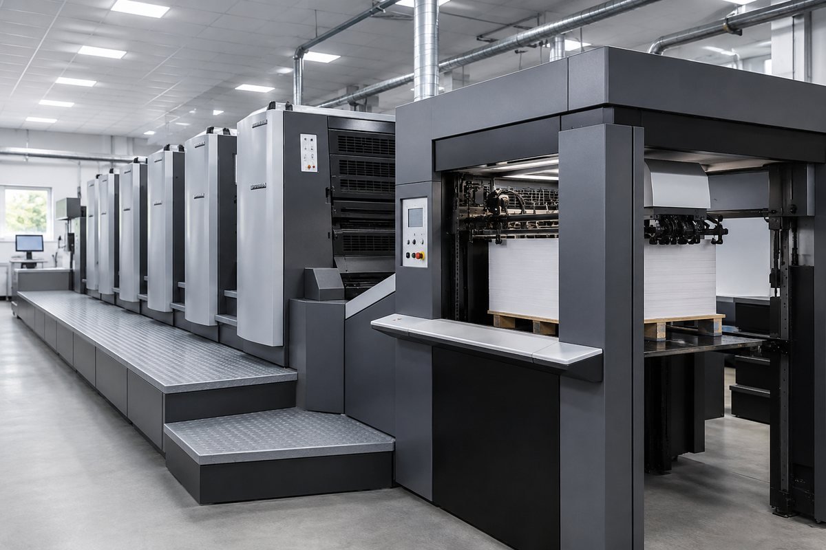 Printwell Offset press hall with an offset printing machine in operation